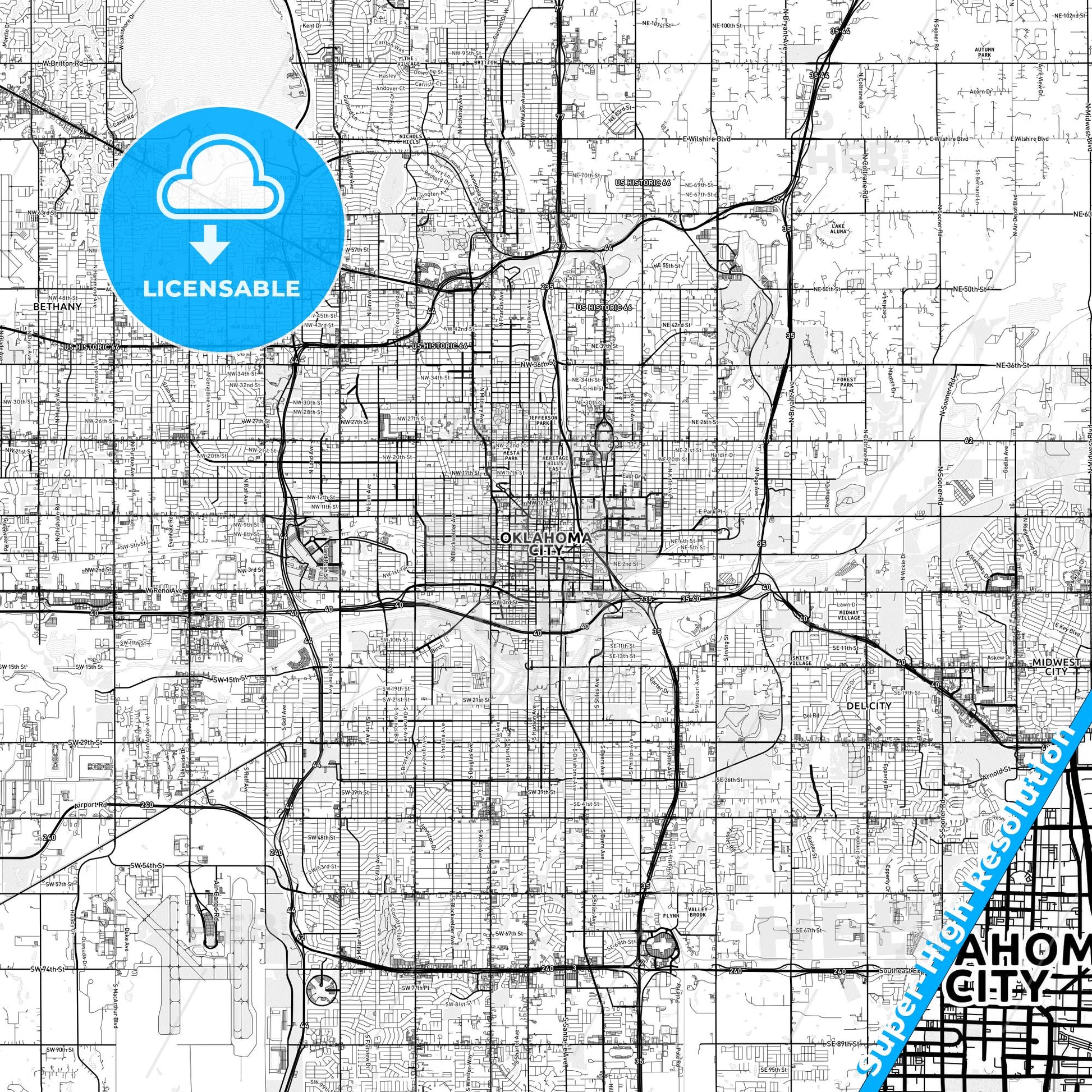 Oklahoma City, Oklahoma light map with streetnames, citynames and districts