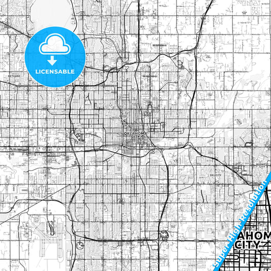 Oklahoma City, Oklahoma light map with streetnames, citynames and districts