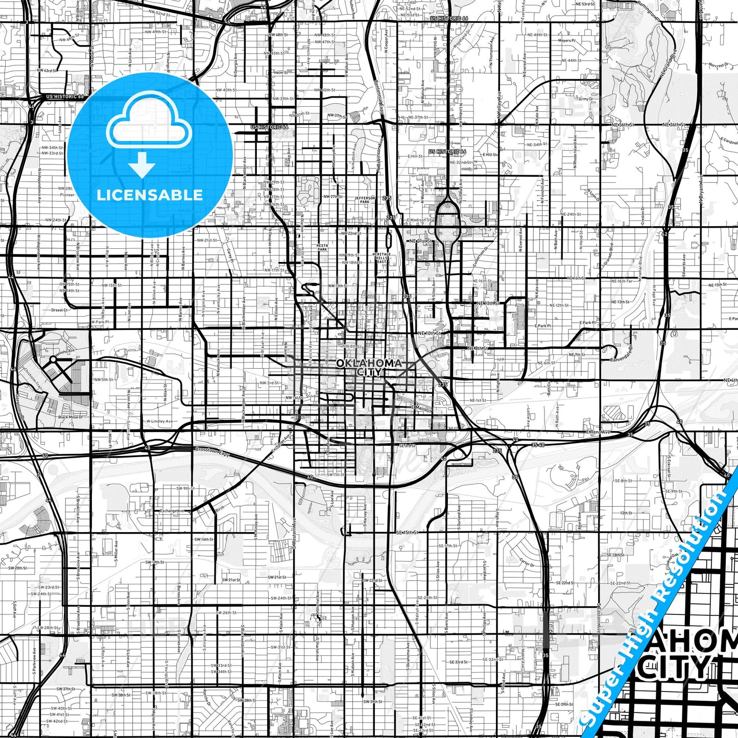 Oklahoma City, Oklahoma Light Map with Street Names, City Names, and Districts