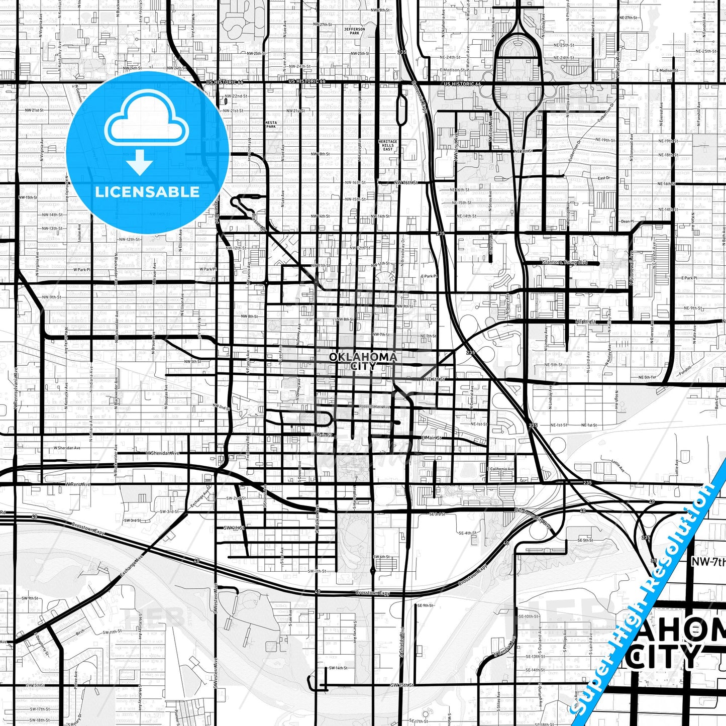 Oklahoma City, Oklahoma Light Map with Street Names, City Names, and Districts