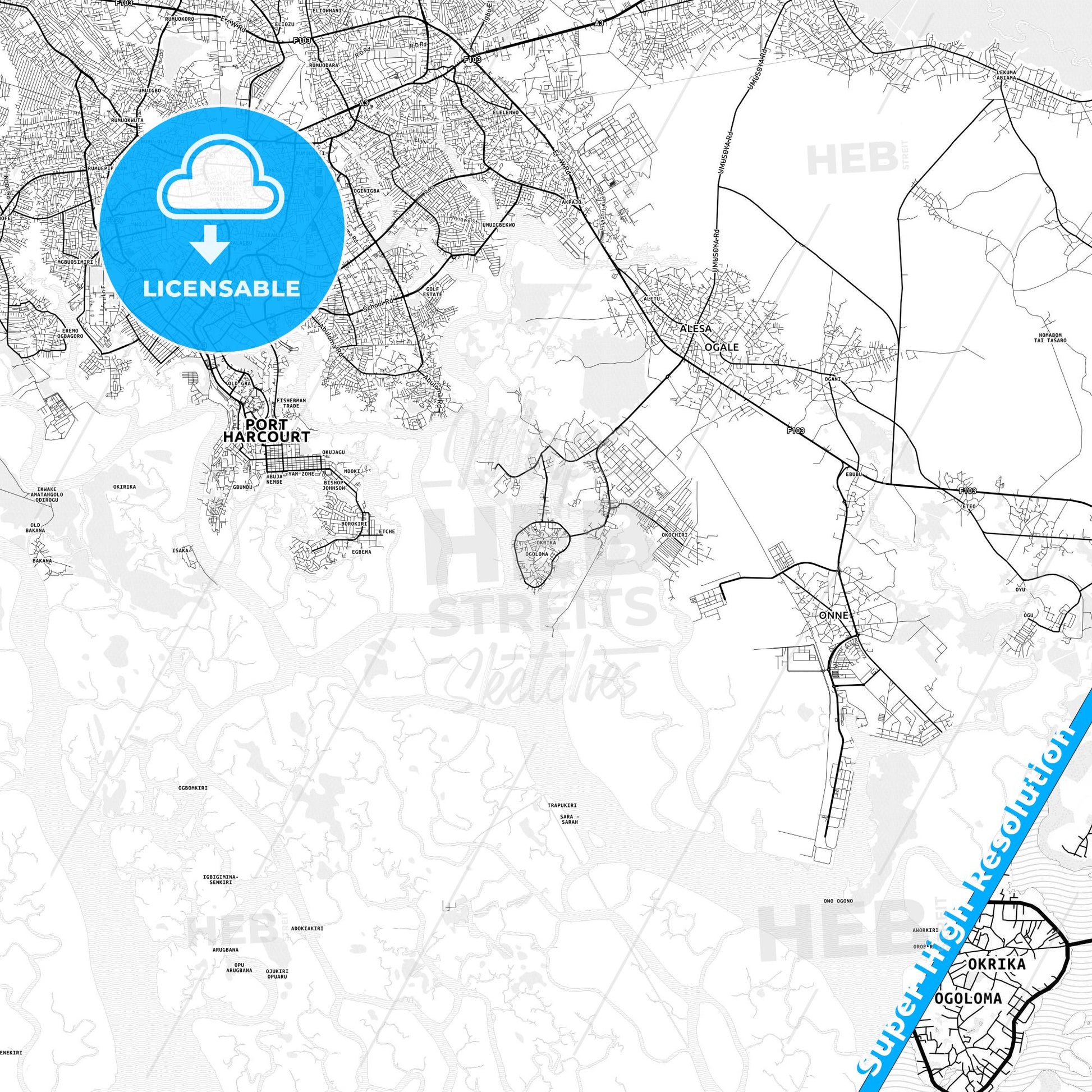 Okrika, Nigeria light map with streetnames, citynames and districts