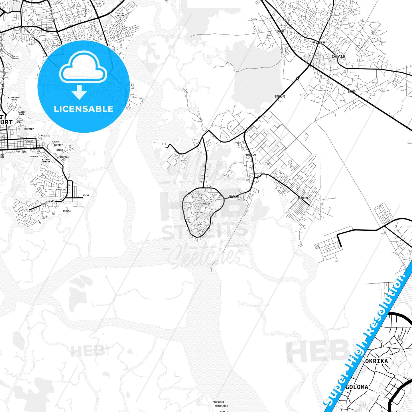 Okrika, Nigeria Light Map with Street Names, City Names, and Districts