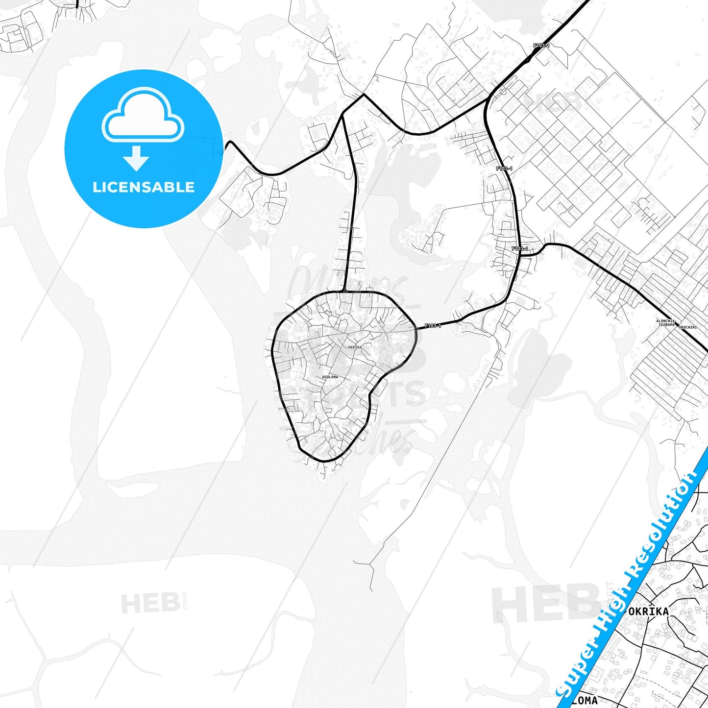 Okrika, Nigeria Light Map with Street Names, City Names, and Districts