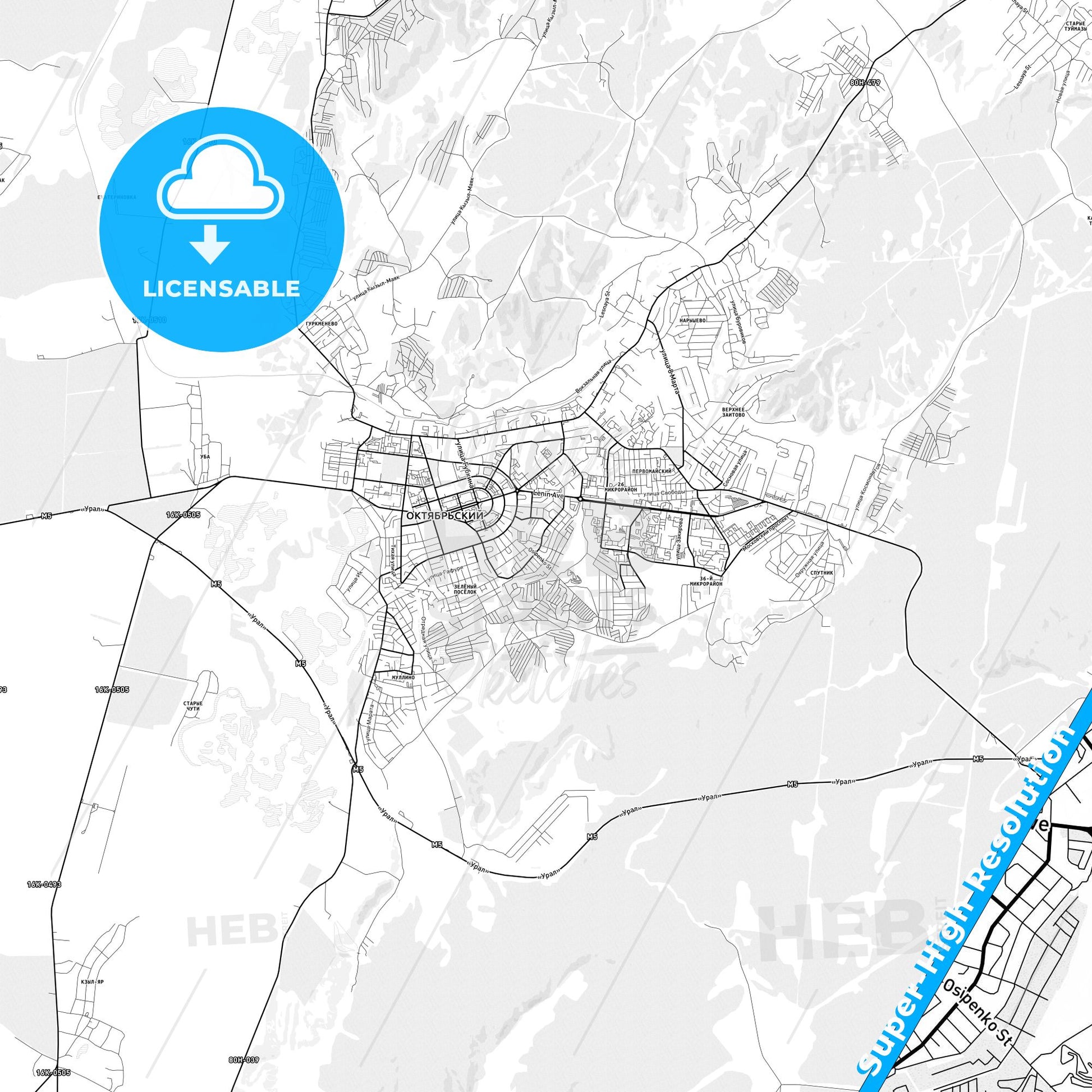 Oktyabrsky, Russia light map with streetnames, citynames and districts
