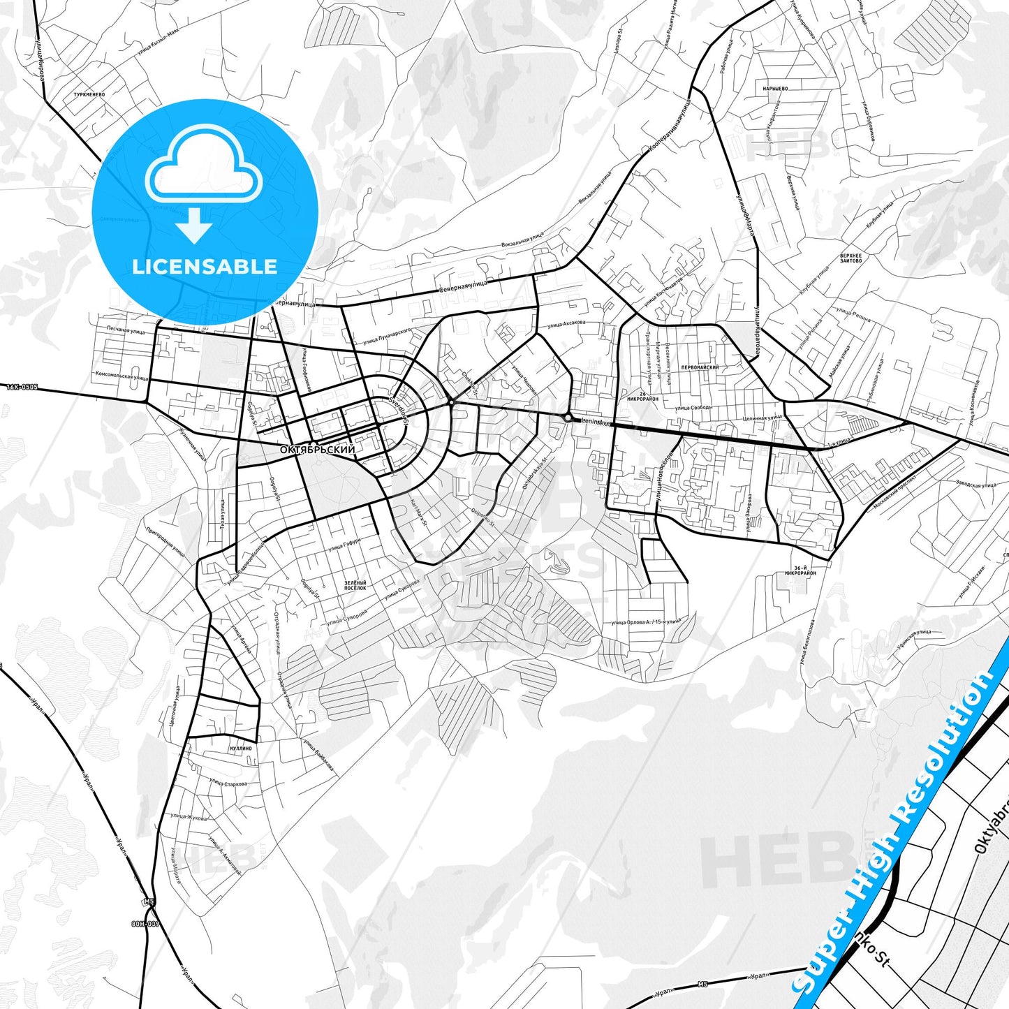 Oktyabrsky, Russia Light Map with Street Names, City Names, and Districts