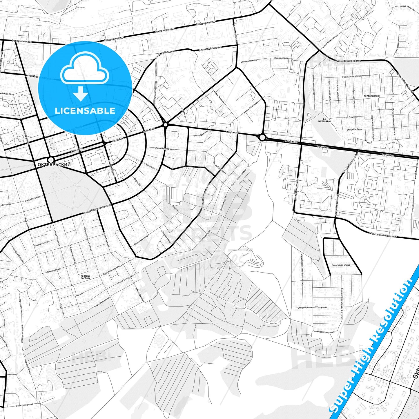 Oktyabrsky, Russia Light Map with Street Names, City Names, and Districts