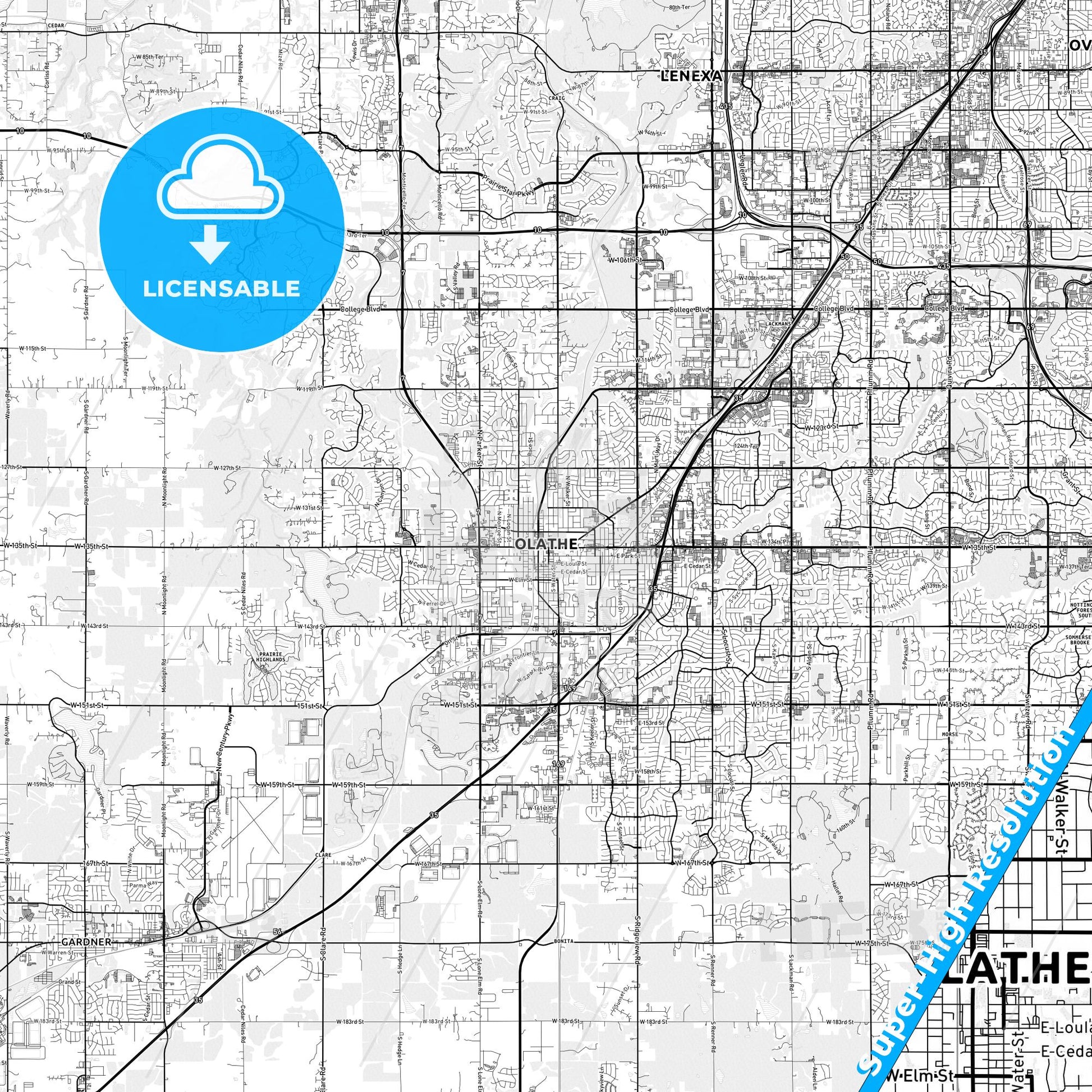 Olathe, Kansas light map with streetnames, citynames and districts