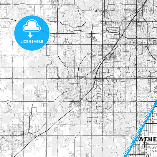Olathe, Kansas light map with streetnames, citynames and districts