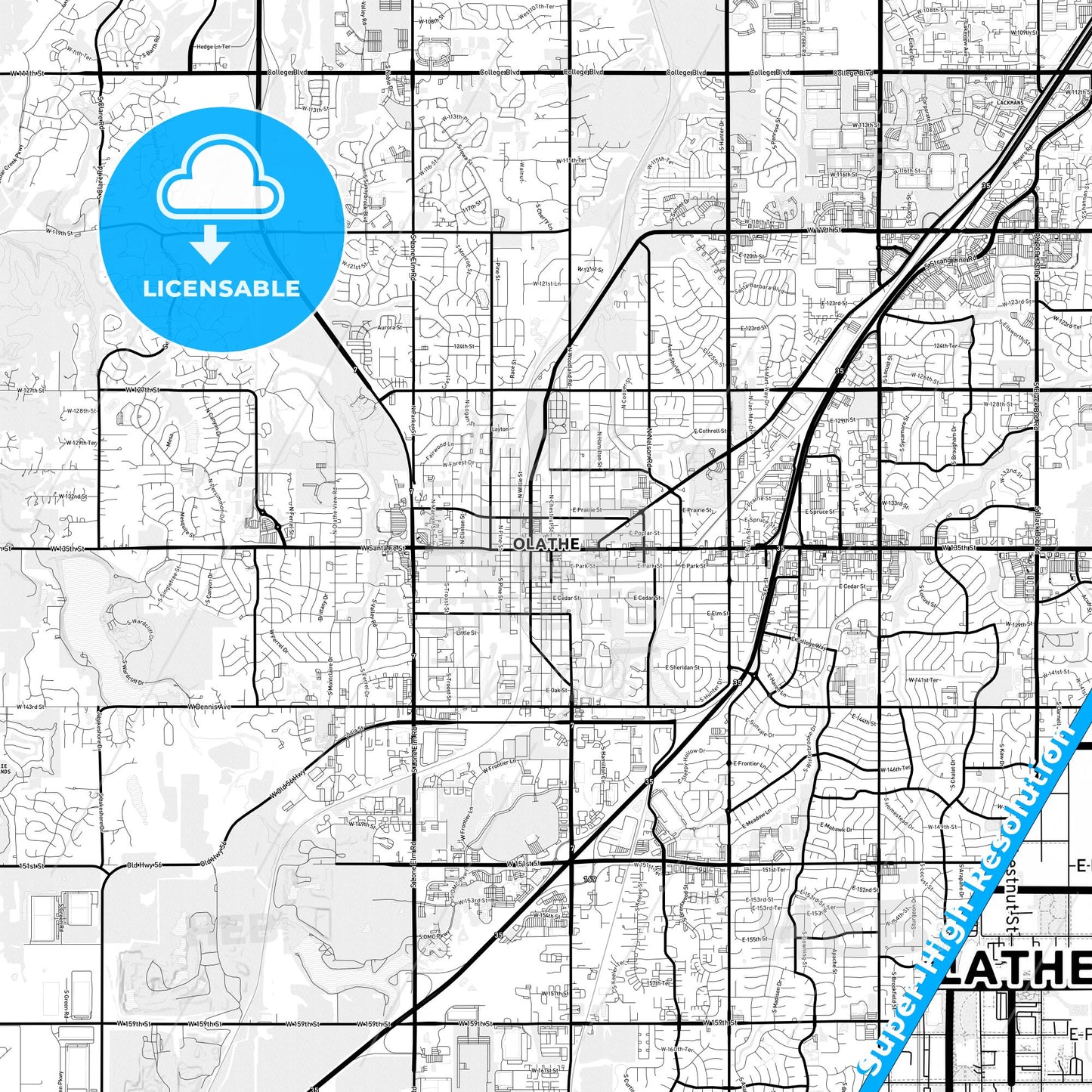 Olathe, Kansas Light Map with Street Names, City Names, and Districts
