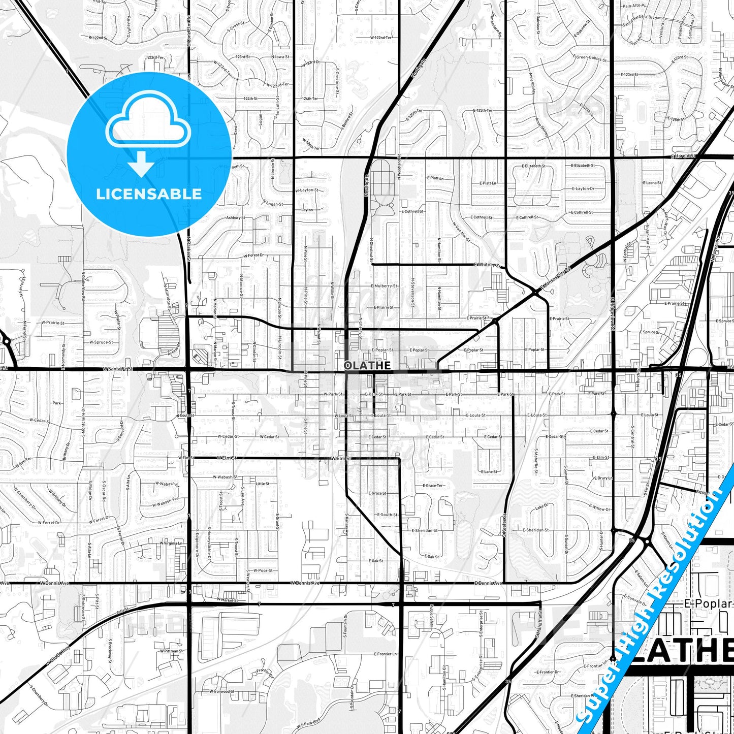 Olathe, Kansas Light Map with Street Names, City Names, and Districts
