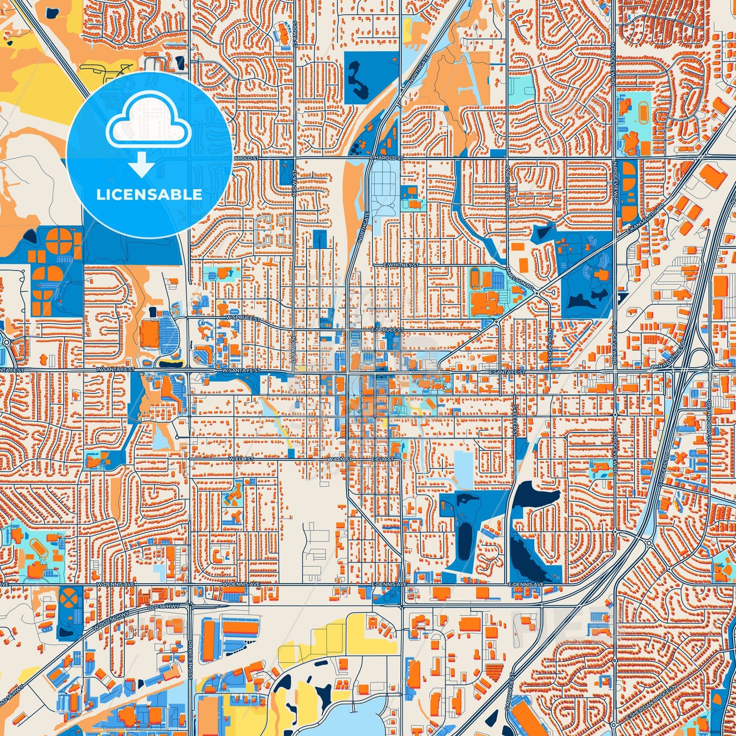 Colorful Olathe Street Map with Labels and Buildings