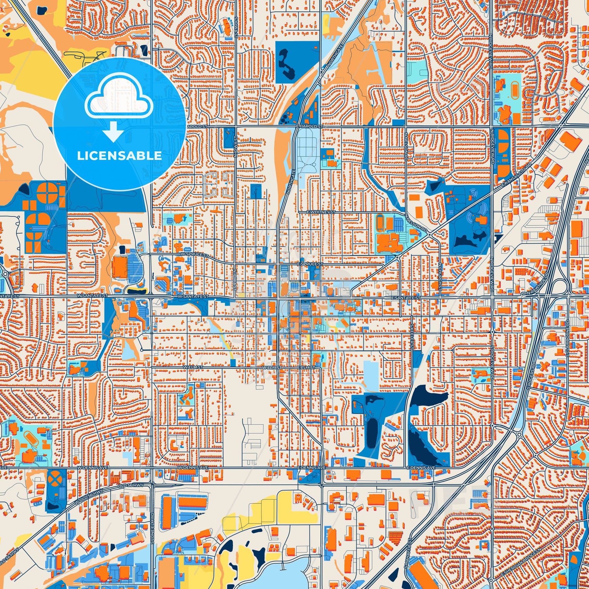 Colorful Olathe Street Map with Labels and Buildings