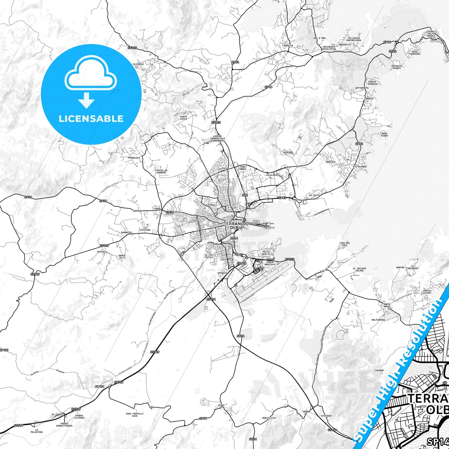 Olbia, Italy light map with streetnames, citynames and districts