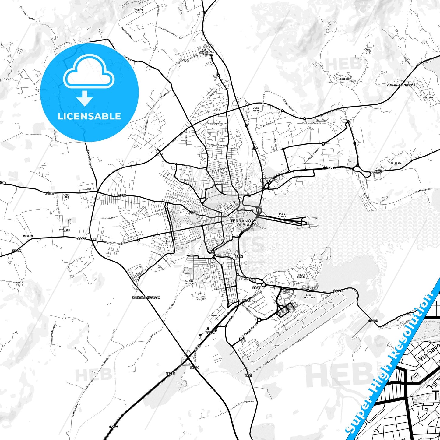Olbia, Italy Light Map with Street Names, City Names, and Districts