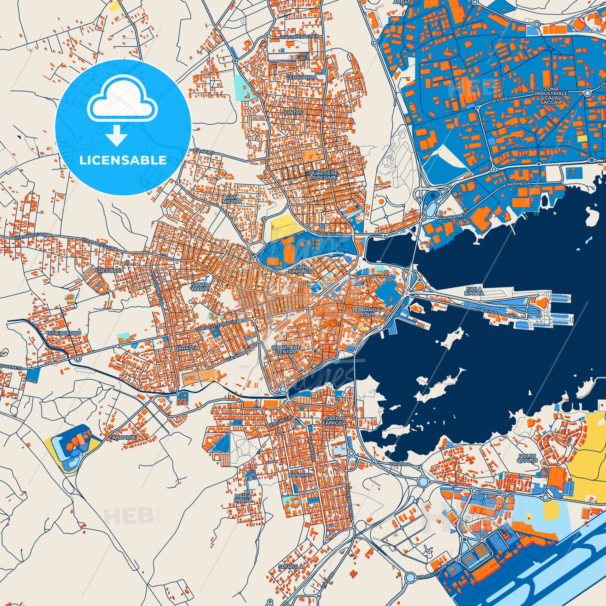 Colorful Olbia Street Map with Labels and Buildings