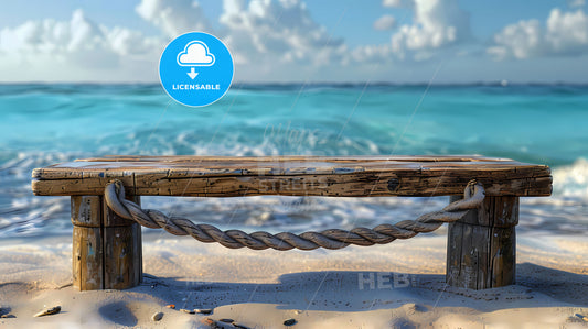 Vibrant Painting on Tropical Beach: Old Wooden Plank Tied with Rope Bench Art