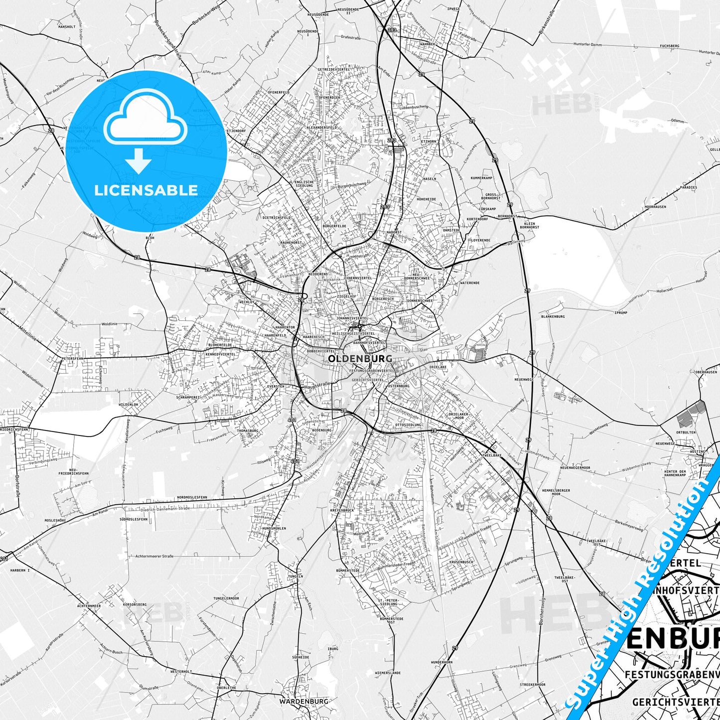Oldenburg, Germany light map with streetnames, citynames and districts