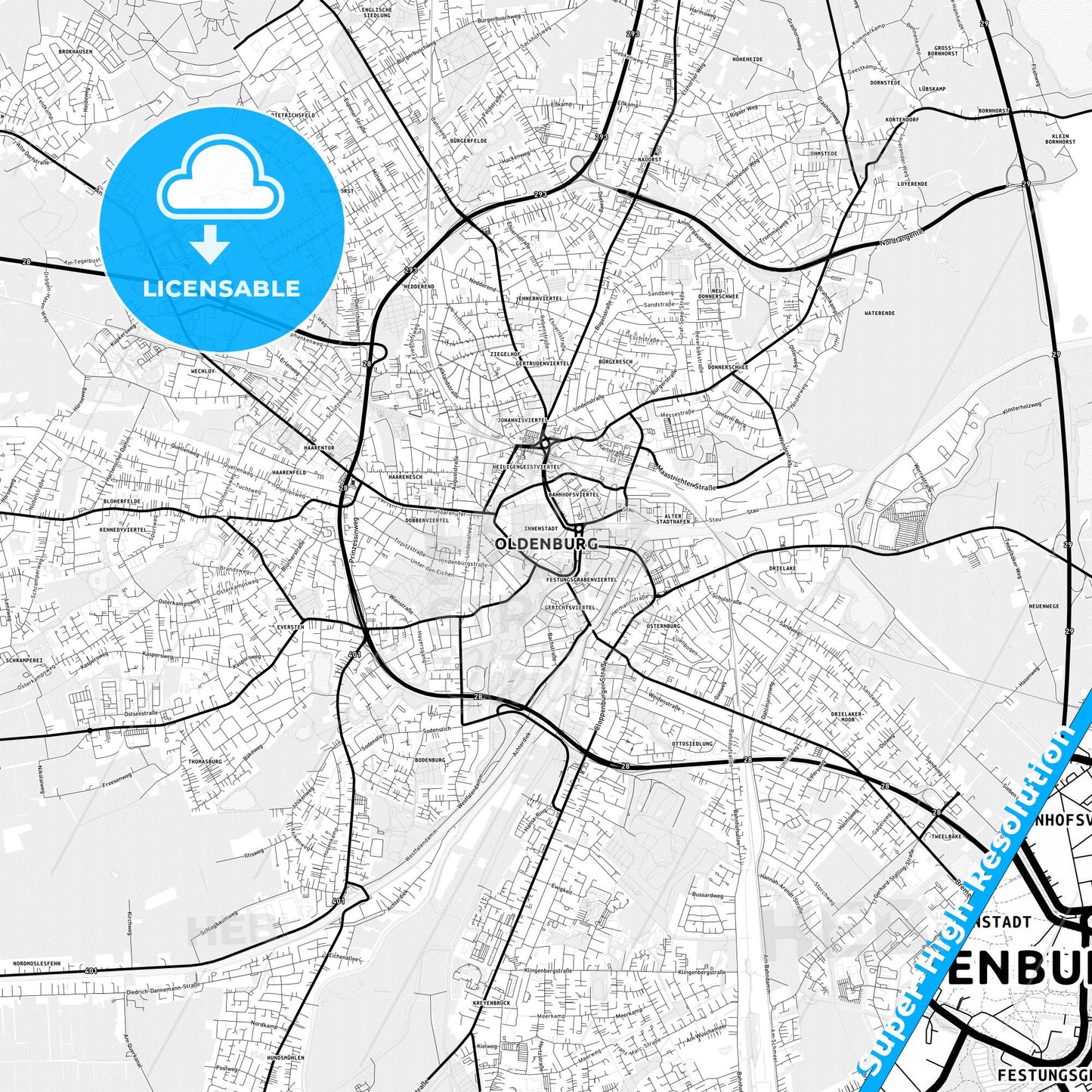 Oldenburg, Germany Light Map with Street Names, City Names, and Districts