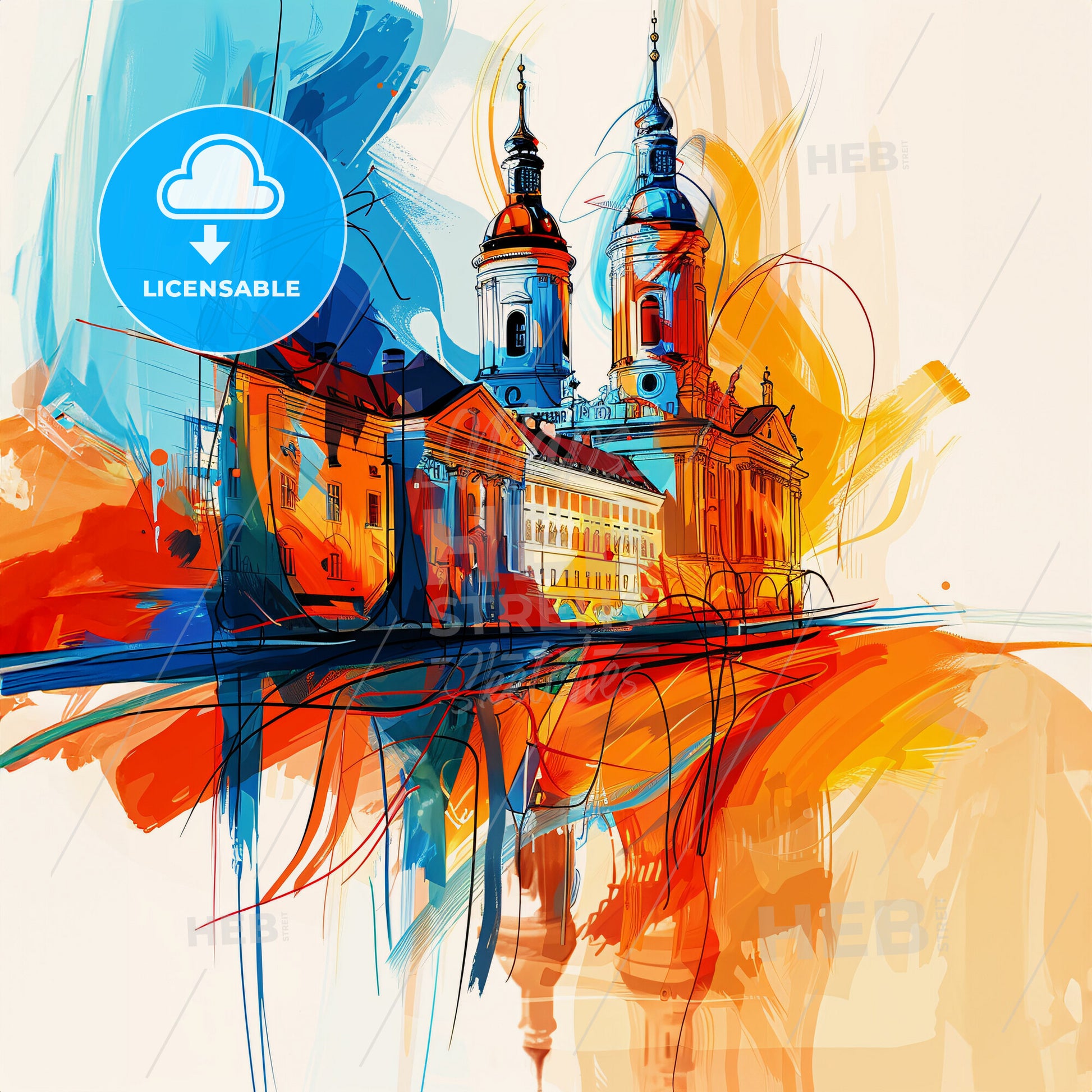 Vibrant Oldenburg, Germany - A Painting Of A Building With Towers And A Colorful Background