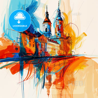 Vibrant Oldenburg, Germany - A Painting Of A Building With Towers And A Colorful Background