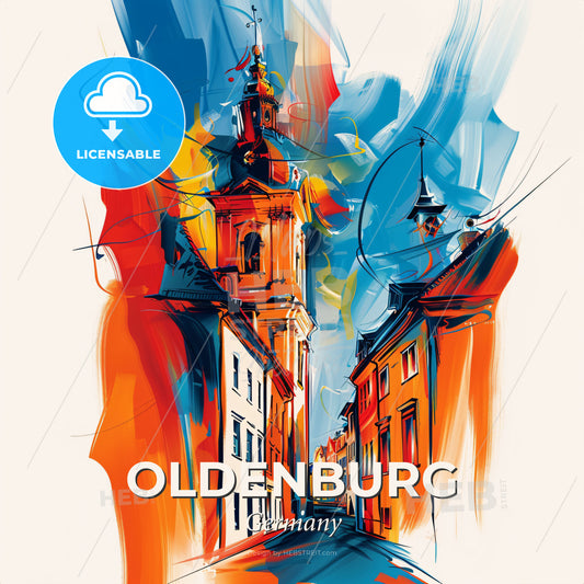 Vibrant Oldenburg, Germany - A Painting Of A Street With Buildings And A Tower - Square format print template