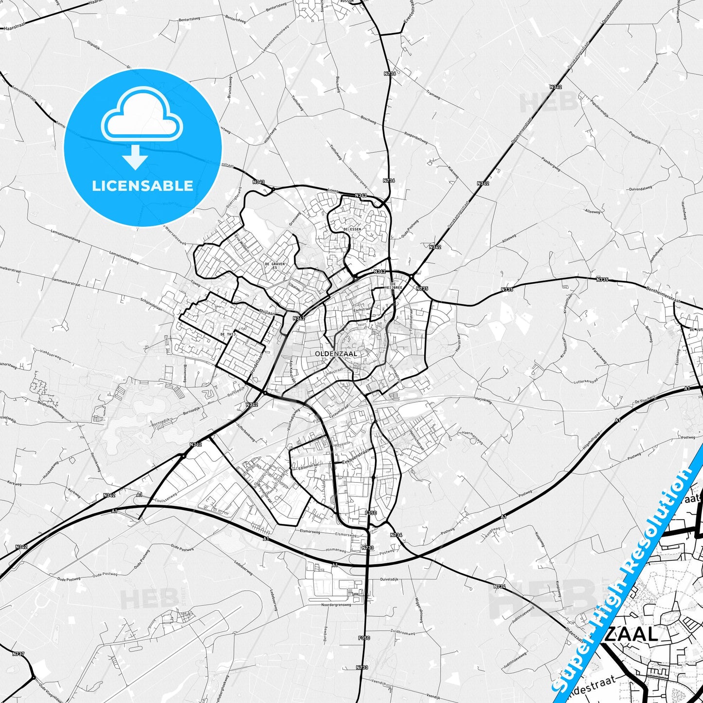 Oldenzaal, Netherlands Light Map with Street Names, City Names, and Districts