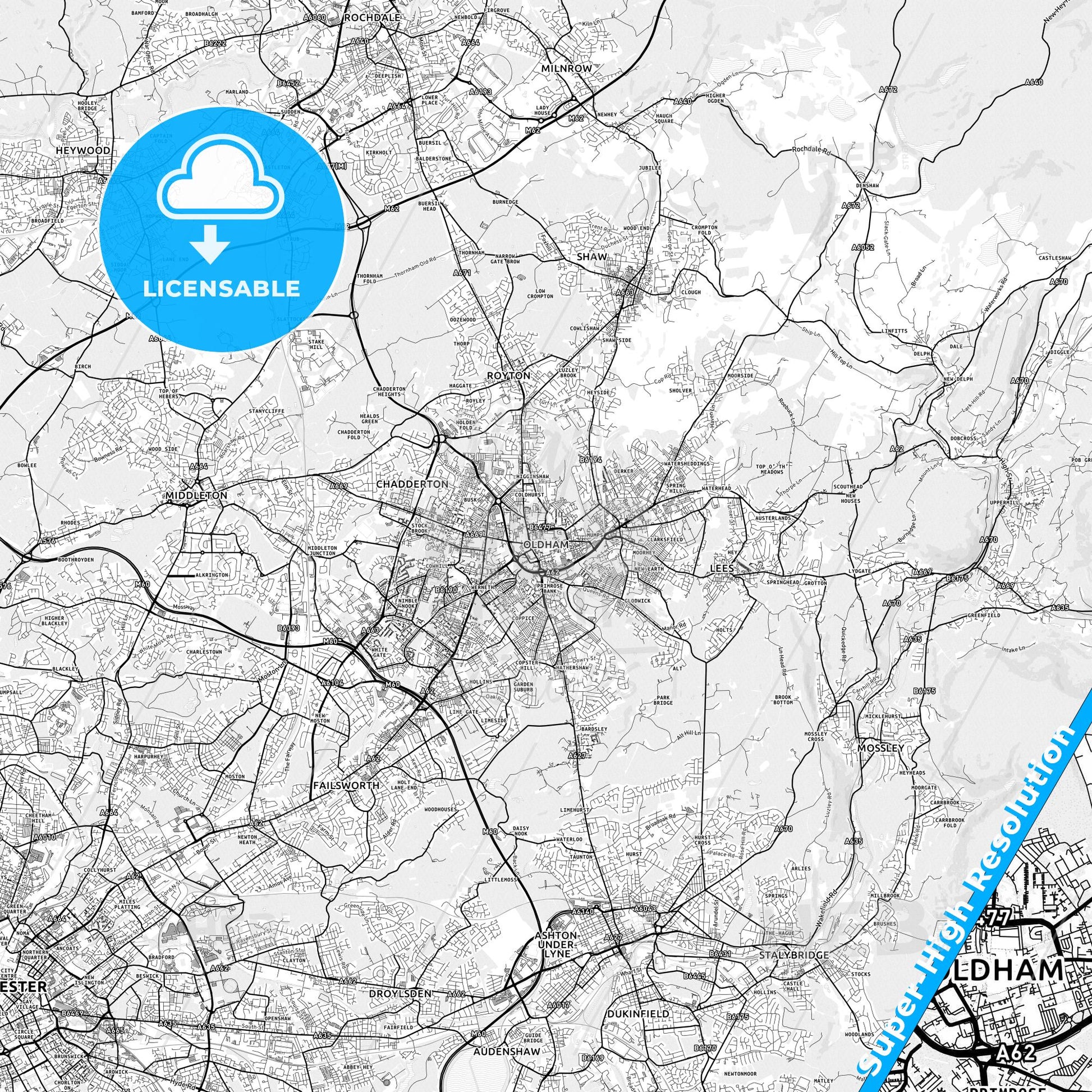 Oldham, England light map with streetnames, citynames and districts