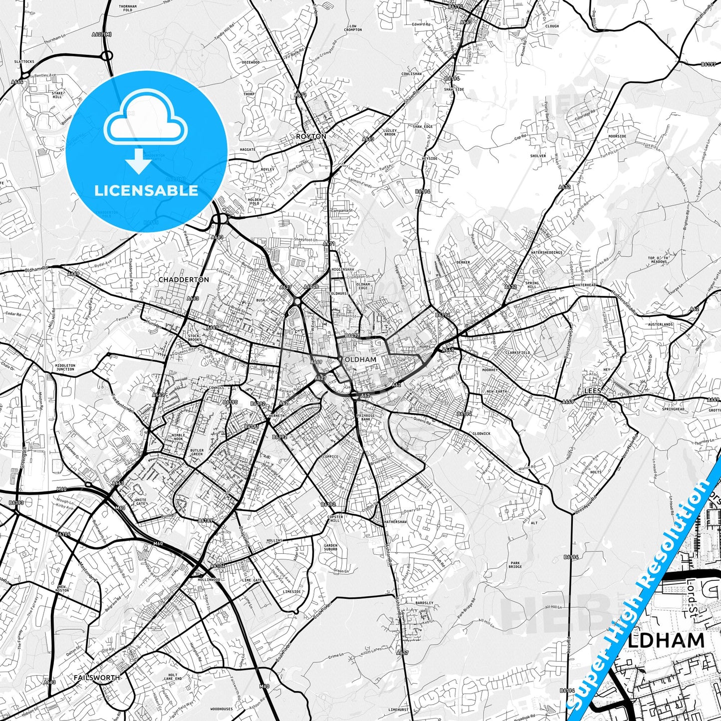 Oldham, England Light Map with Street Names, City Names, and Districts