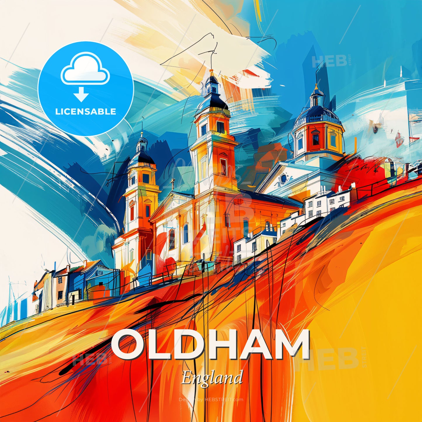 Vibrant Oldham, England - A Painting Of A Building With Towers And Towers - Square format print template