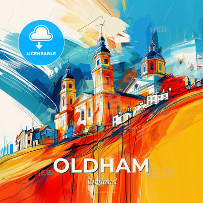 Vibrant Oldham, England - A Painting Of A Building With Towers And Towers - Square format print template