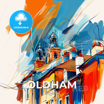 Vibrant Oldham, England - A Painting Of A Building With Towers - Square format print template