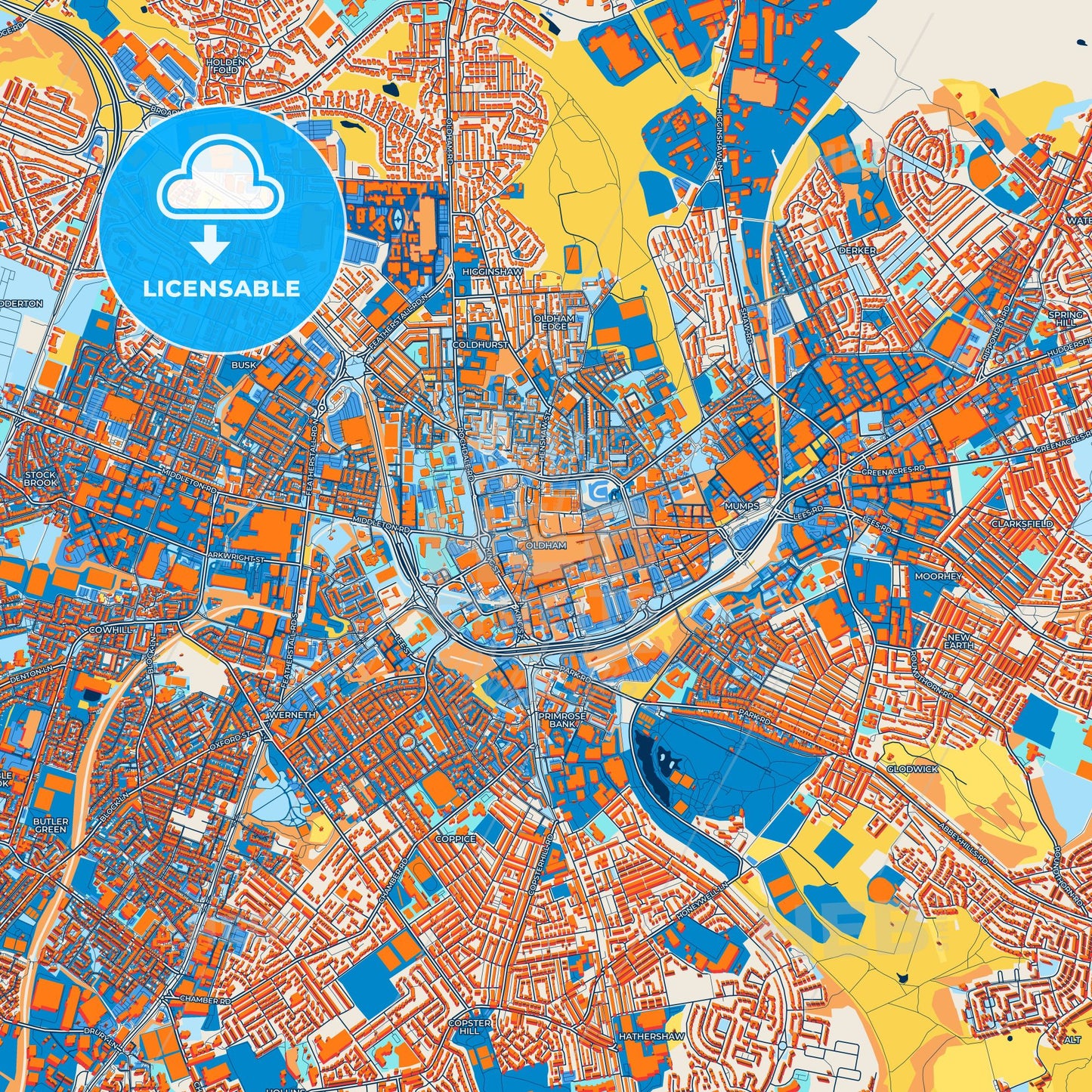 Colorful Oldham Street Map with Labels and Buildings