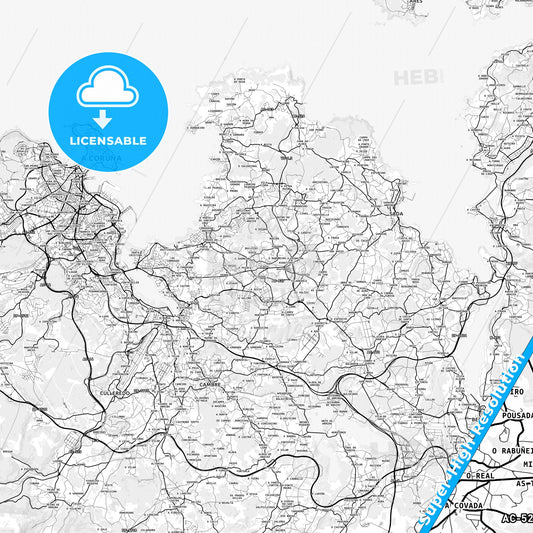 Oleiros, Spain light map with streetnames, citynames and districts