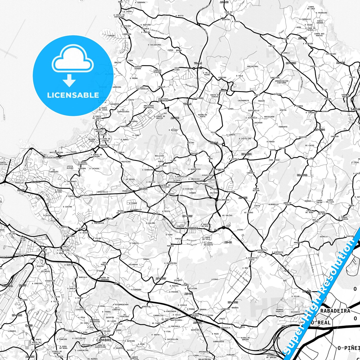 Oleiros, Spain Light Map with Street Names, City Names, and Districts