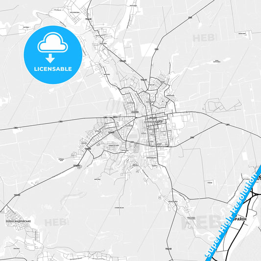 Oleksandriia, Ukraine light map with streetnames, citynames and districts