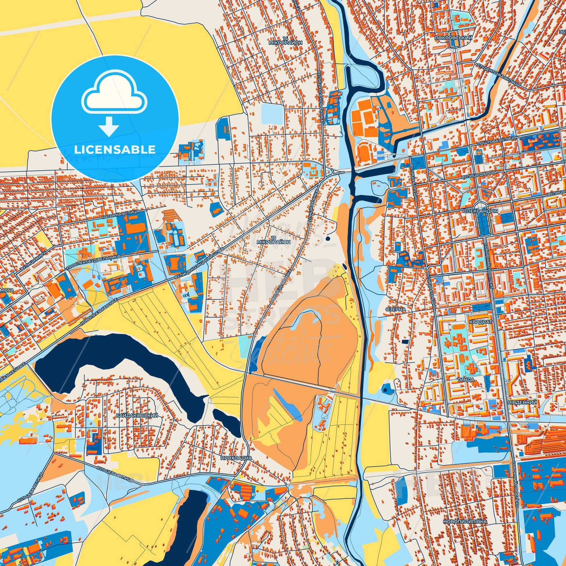 Colorful Oleksandriia Street Map with Labels and Buildings