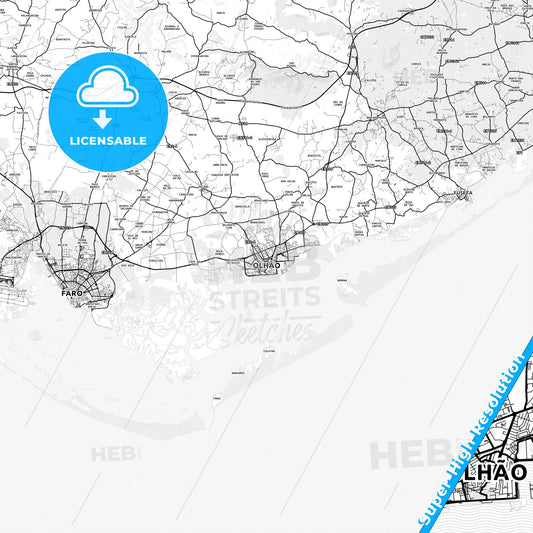 Olhão da Restauração, Portugal light map with streetnames, citynames and districts