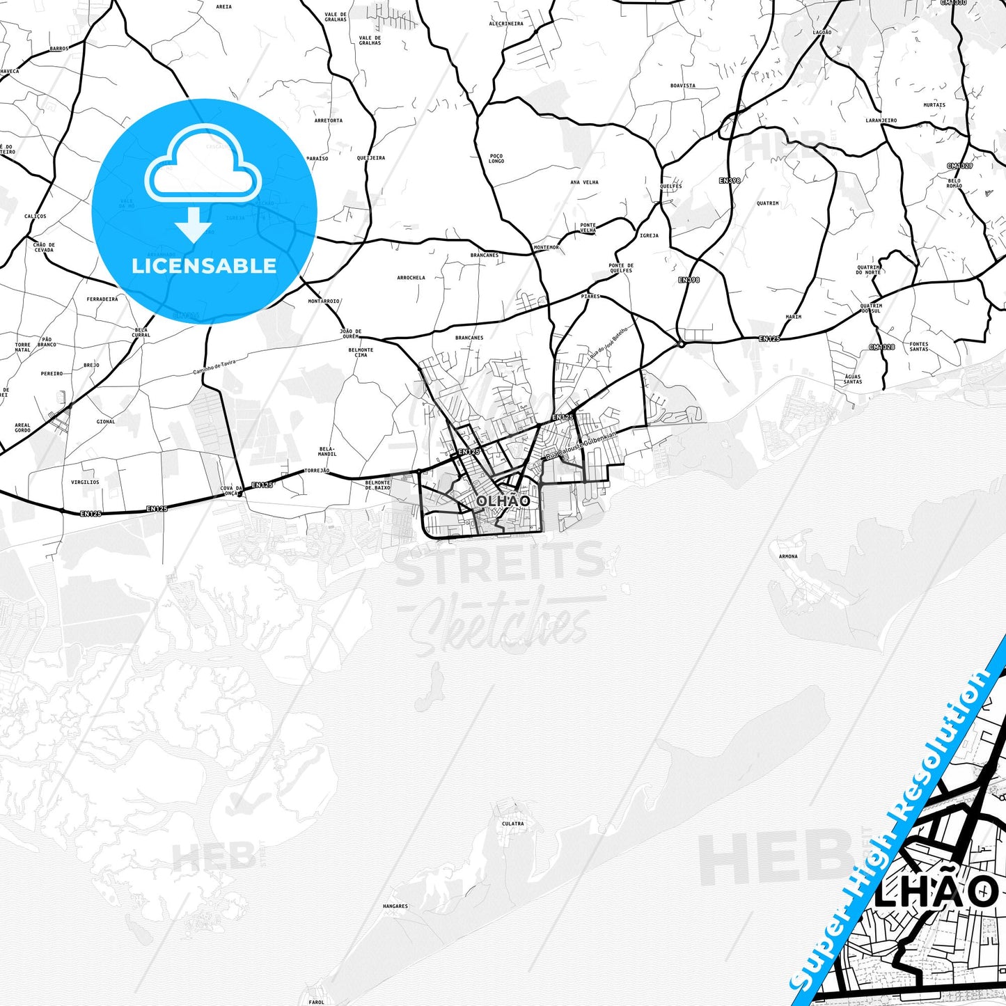 Olhão da Restauração, Portugal Light Map with Street Names, City Names, and Districts
