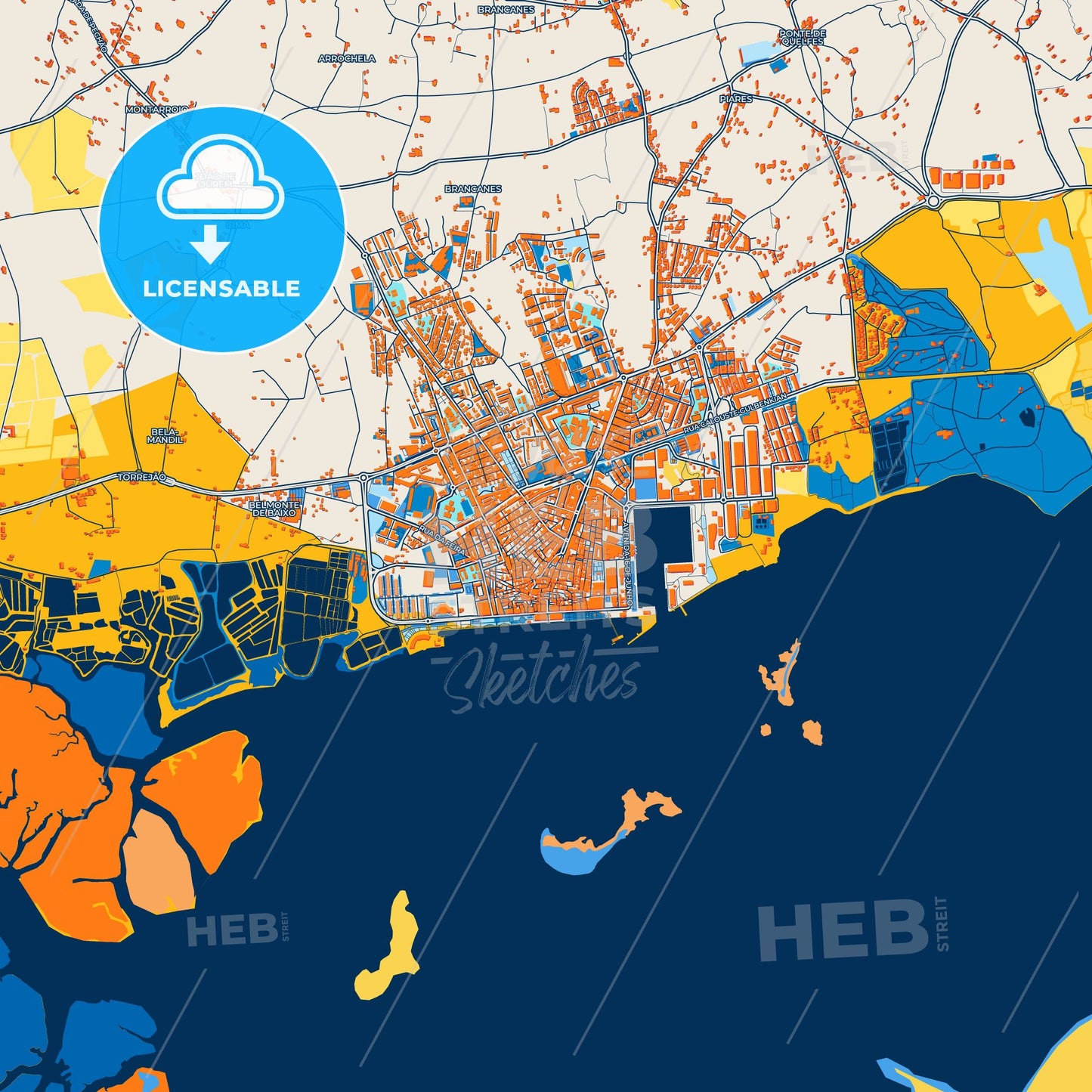 Colorful Olhão da Restauração Street Map with Labels and Buildings