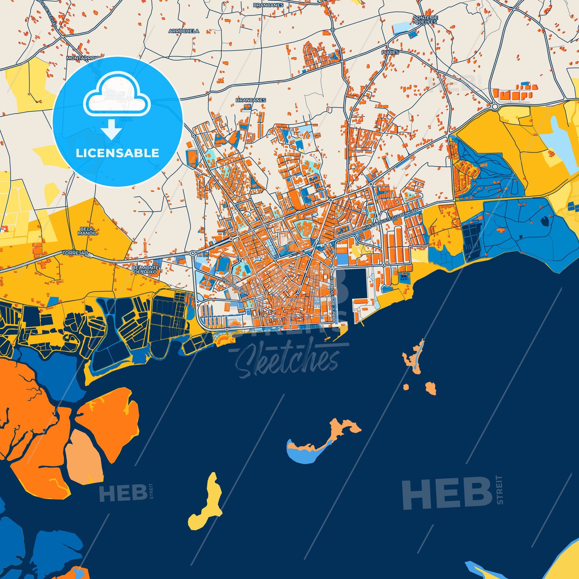 Colorful Olhão da Restauração Street Map with Labels and Buildings