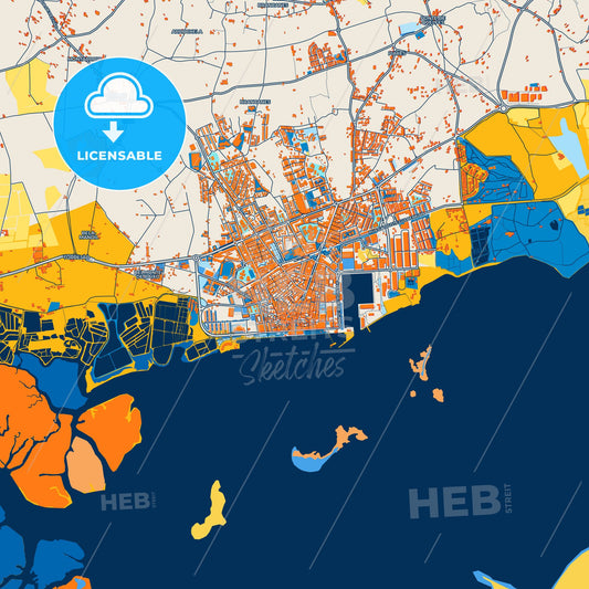 Colorful Olhão da Restauração Street Map with Labels and Buildings