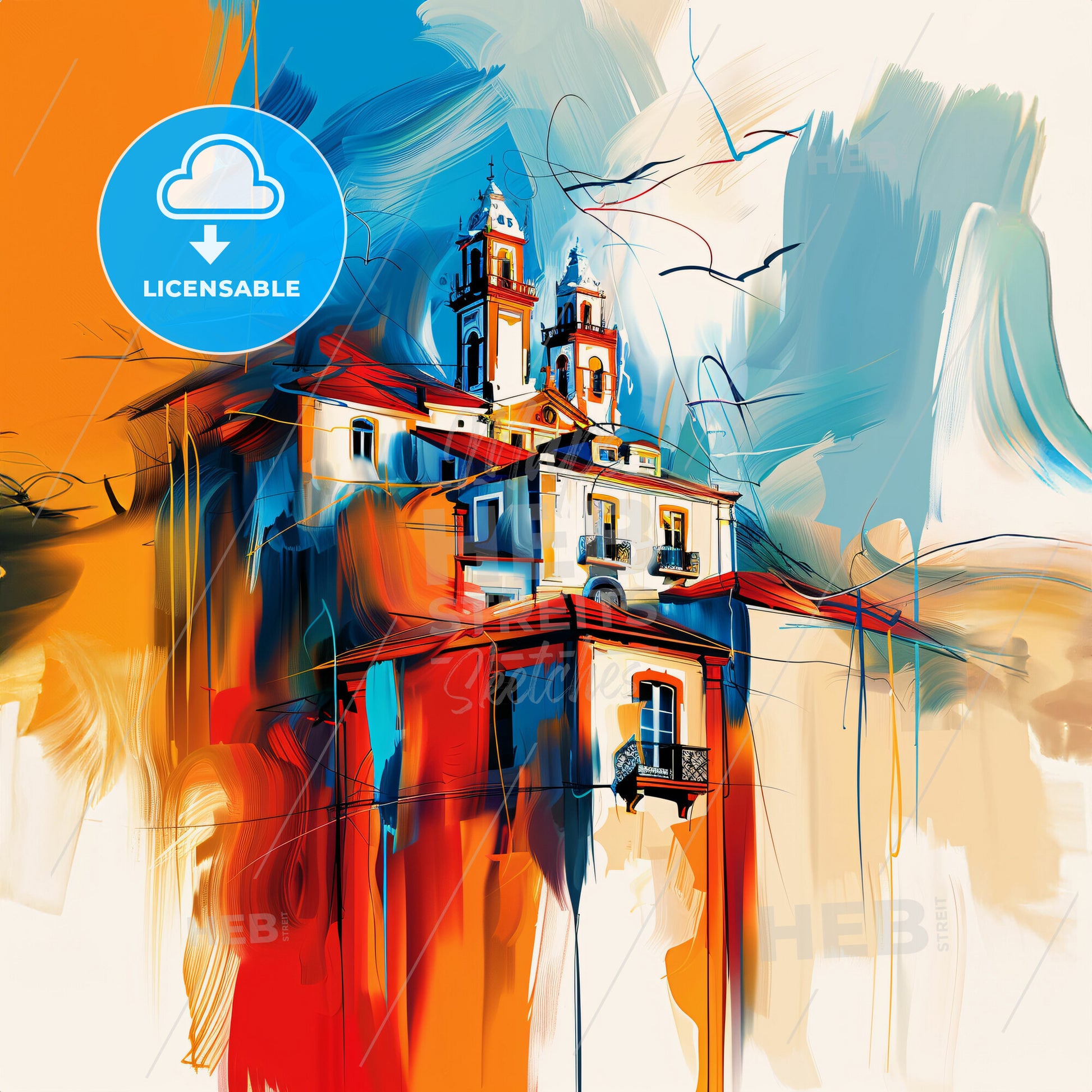 Vibrant Olhão Da Restauração, Portugal - A Painting Of A Building