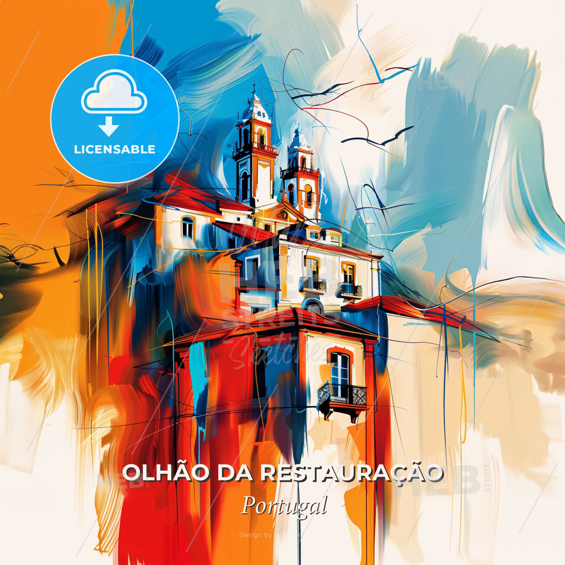 Vibrant Olhão Da Restauração, Portugal - A Painting Of A Building - Square format print template
