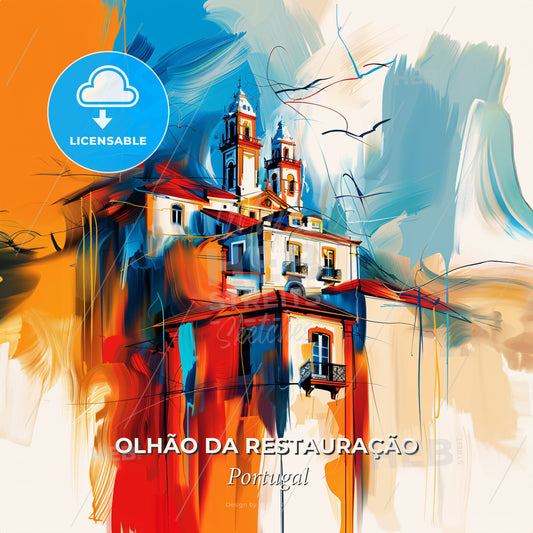 Vibrant Olhão Da Restauração, Portugal - A Painting Of A Building - Square format print template