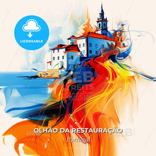 Vibrant Olhão Da Restauração, Portugal - A Painting Of A Building On A Beach - Square format print template