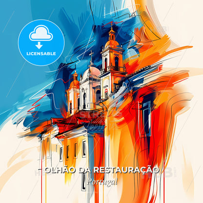 Vibrant Olhão Da Restauração, Portugal - A Painting Of A Building - Square format print template