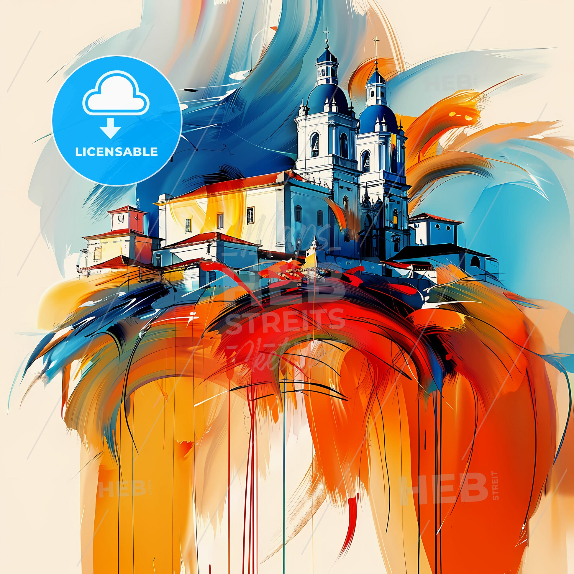 Vibrant Olhão Da Restauração, Portugal - A Painting Of A Building With A Colorful Background