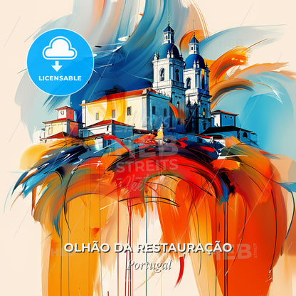 Vibrant Olhão Da Restauração, Portugal - A Painting Of A Building With A Colorful Background - Square format print template
