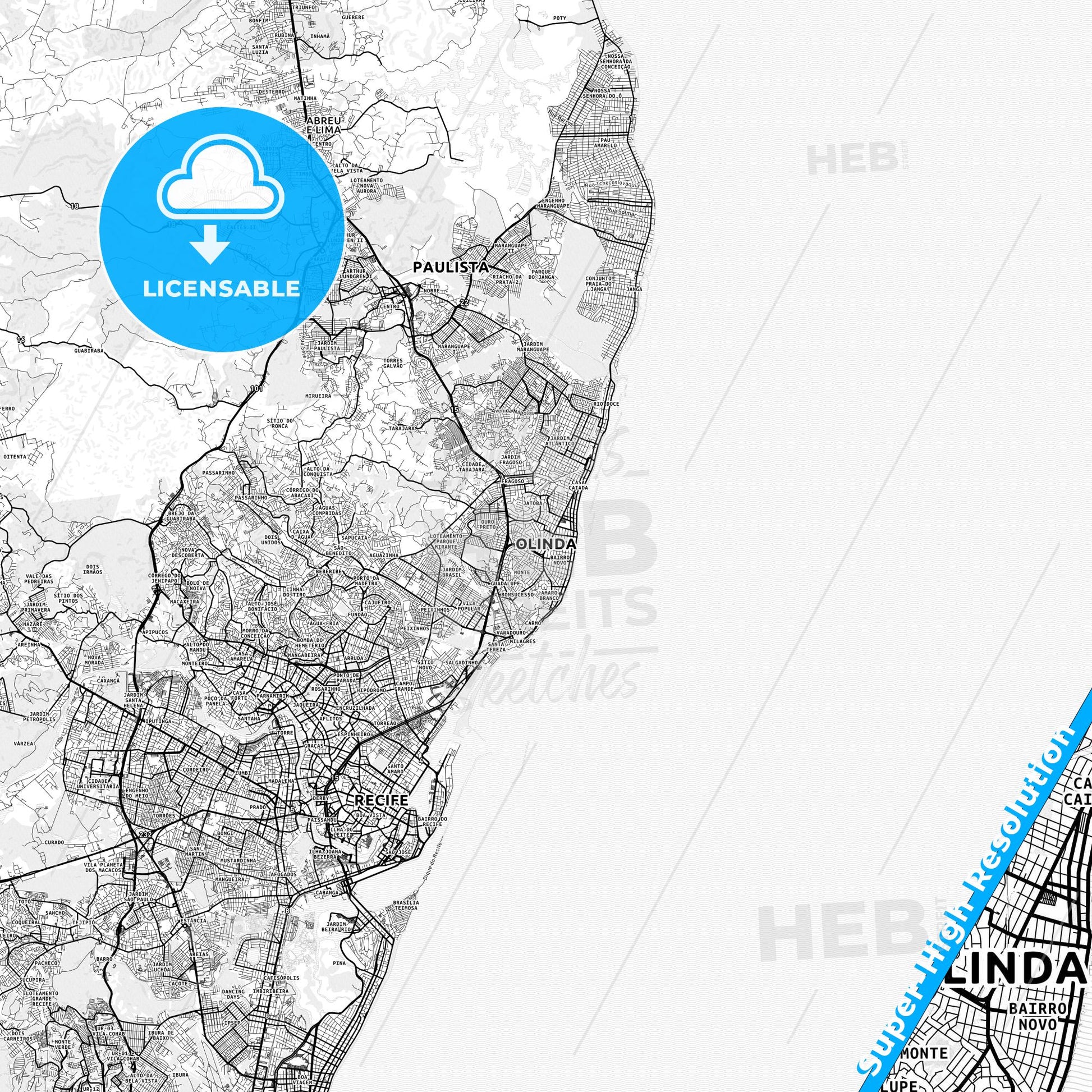 Olinda, Brazil light map with streetnames, citynames and districts