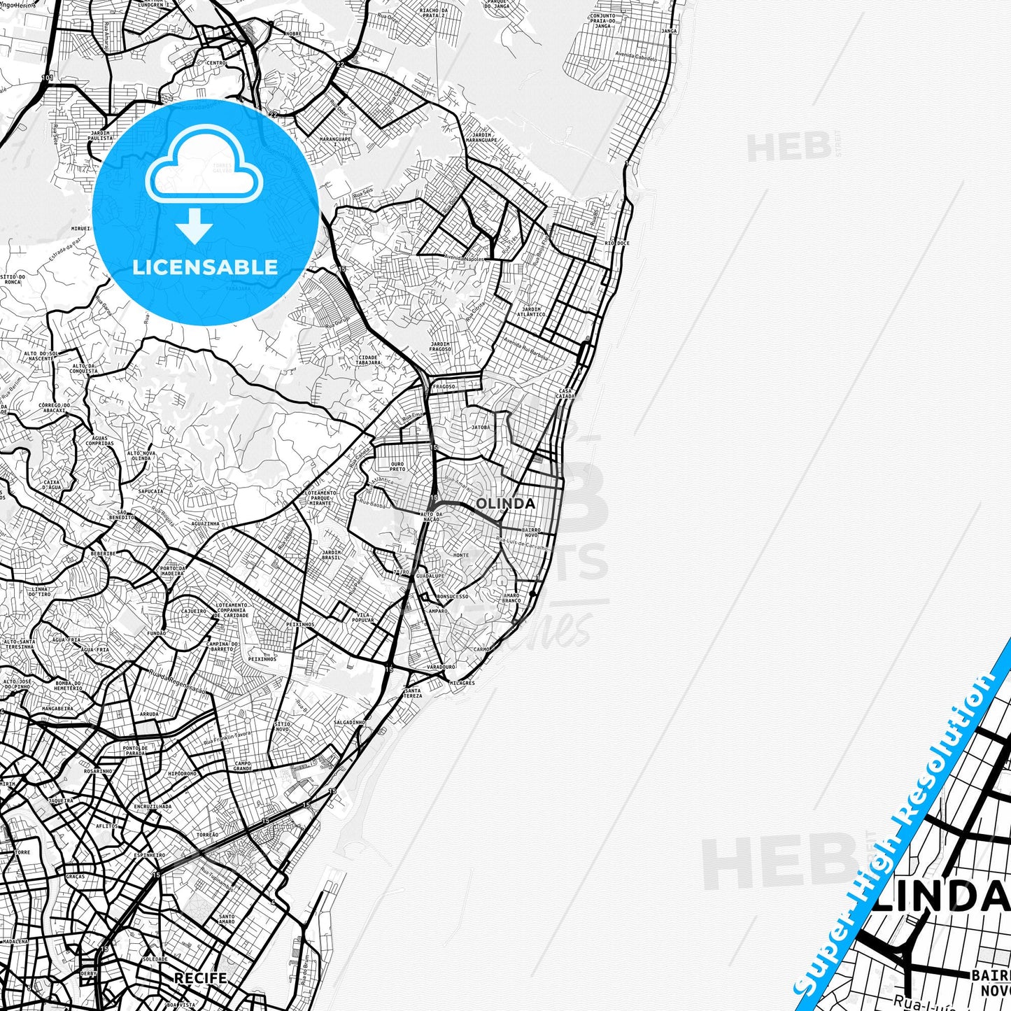 Olinda, Brazil Light Map with Street Names, City Names, and Districts